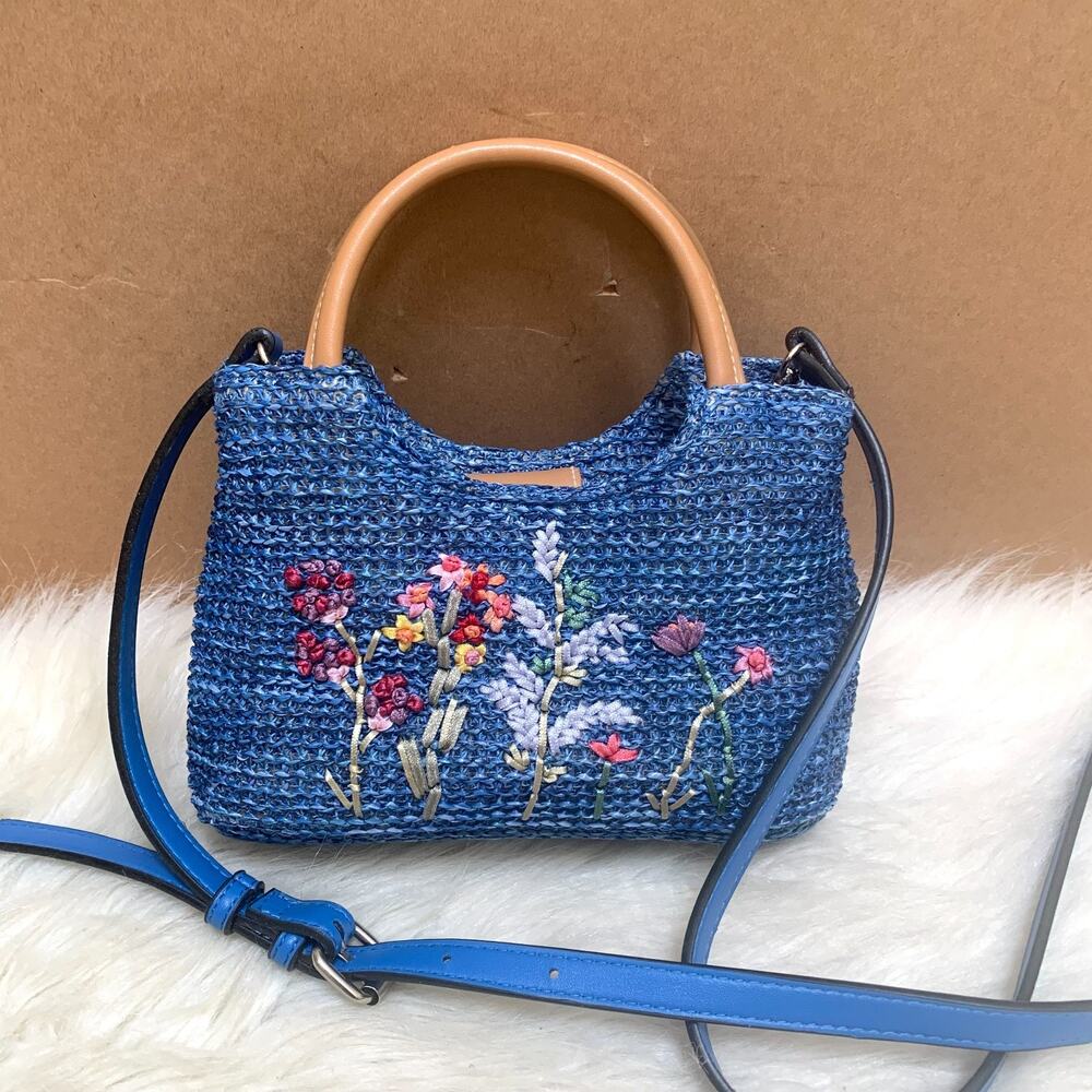 Woven Blue Synthetic Straw Embroidered Flowers Vintage Mini Tote XBody
